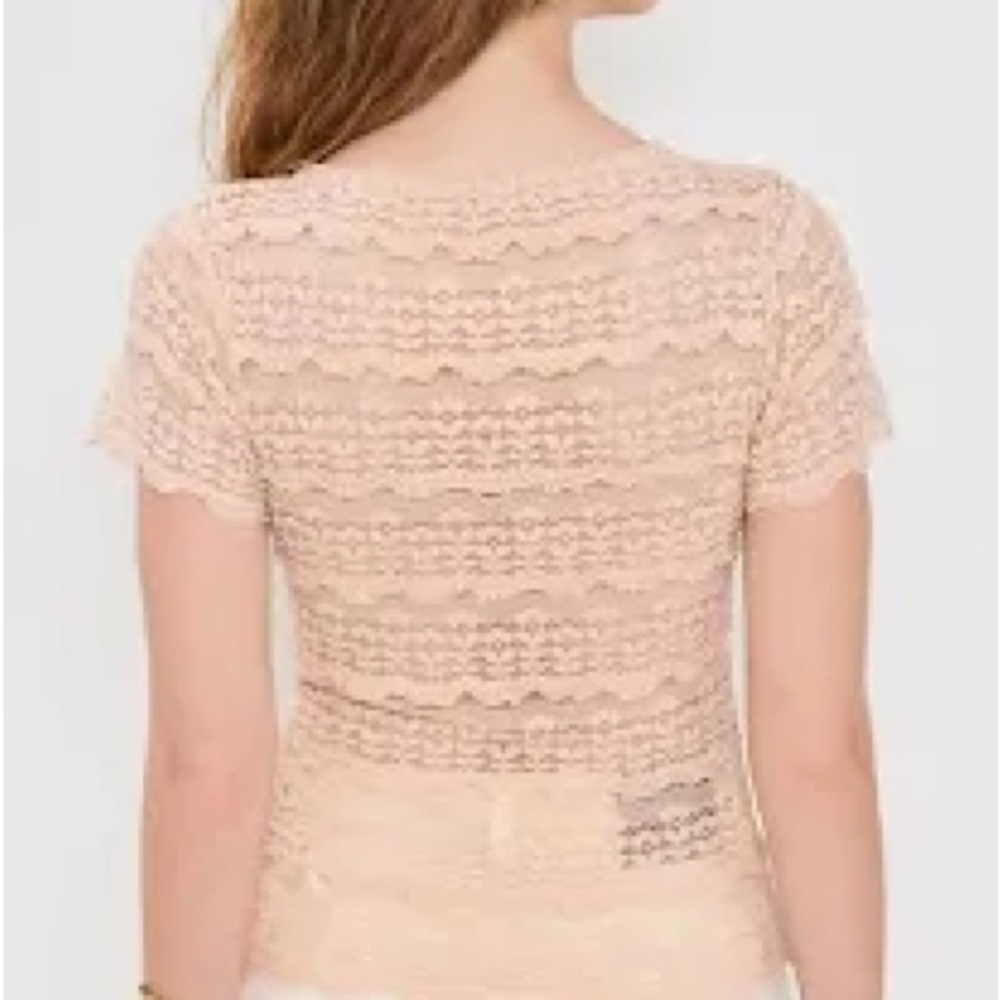 Free People Lace Short Sleeve Cream Tee - Picture 2 of 10